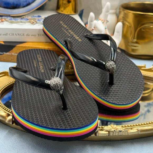 🆕 KURT GEIGER LONDON 🧿 NWOB Rainbow Kensington Black Rubber Flipflop, Sz 7.5 - Picture 8 of 13